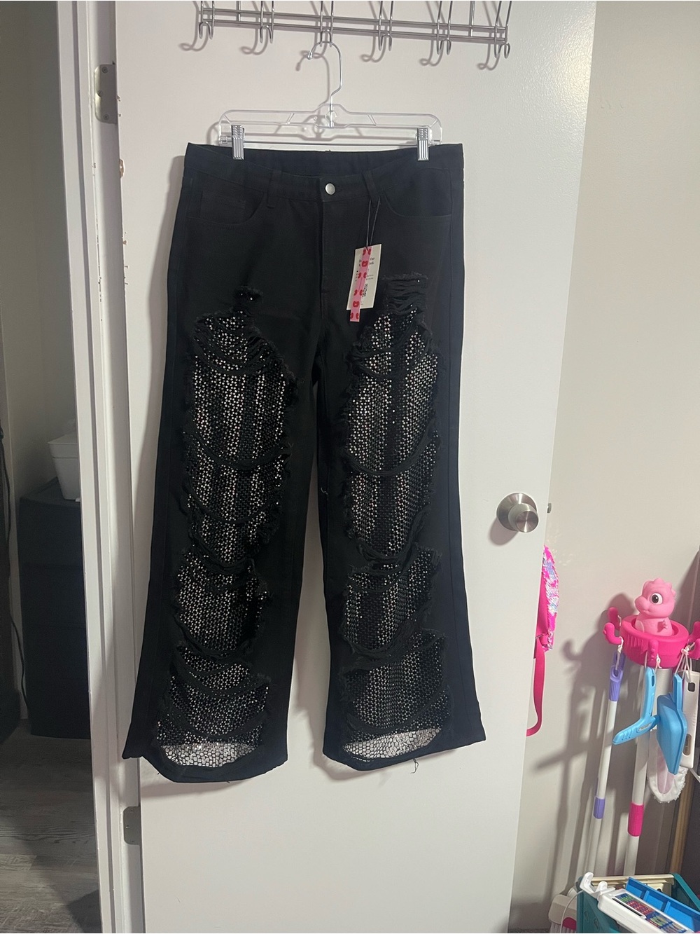Cider Black High-Waist Wide-Leg Jeans with Distressing and Netting Detail